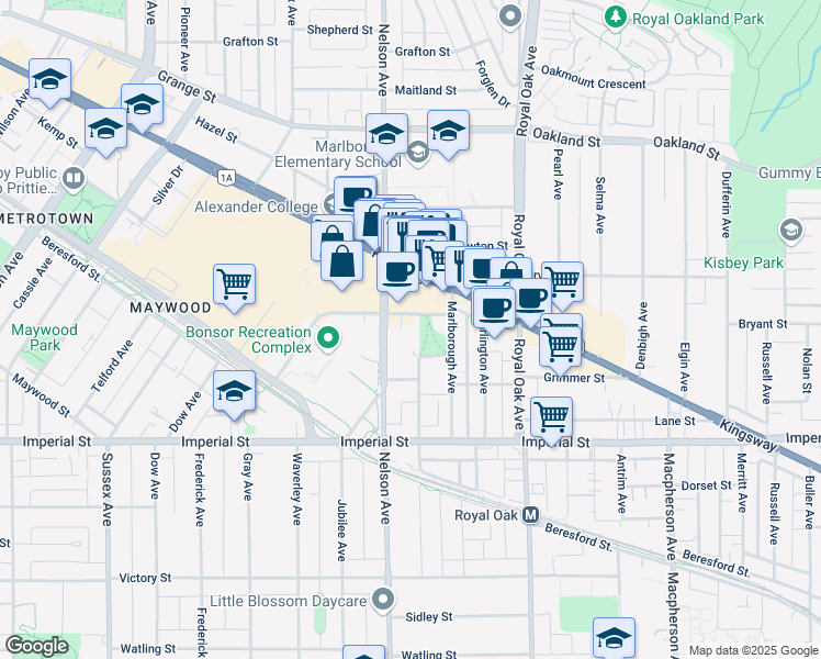 map of restaurants, bars, coffee shops, grocery stores, and more near 4982 Kingsway in Burnaby