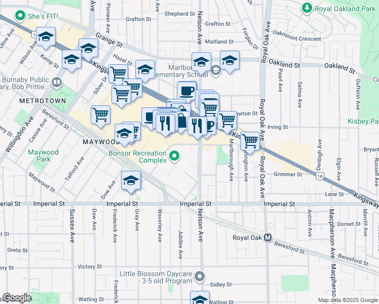map of restaurants, bars, coffee shops, grocery stores, and more near 4820 Kingsway in Burnaby