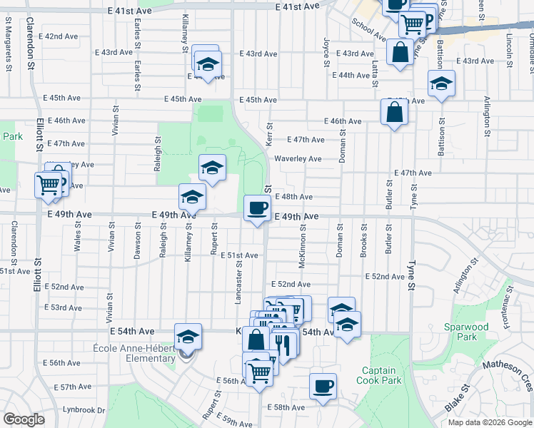 map of restaurants, bars, coffee shops, grocery stores, and more near E 49th Ave & Kerr St in Vancouver