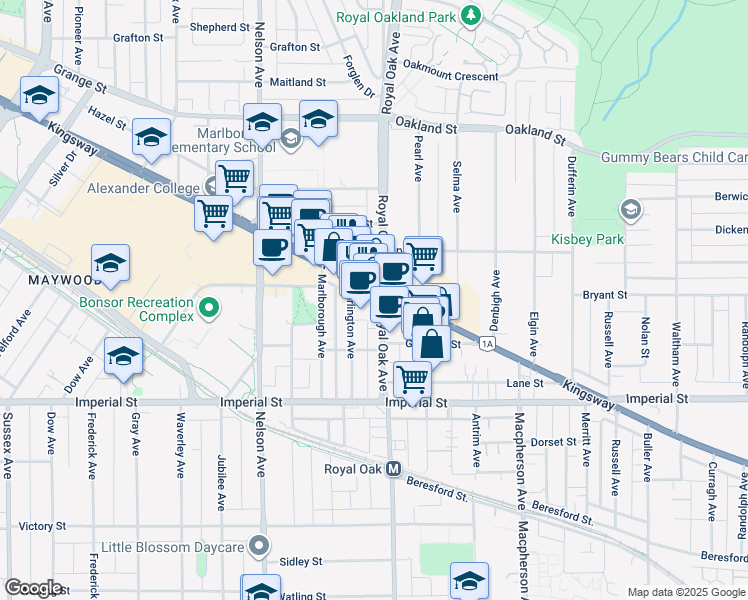 map of restaurants, bars, coffee shops, grocery stores, and more near in Burnaby