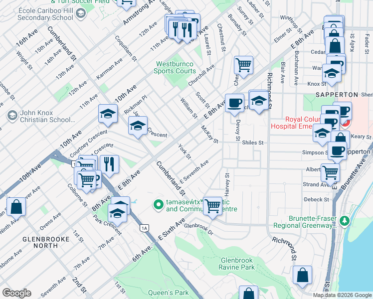 map of restaurants, bars, coffee shops, grocery stores, and more near 135 East Durham Street in New Westminster