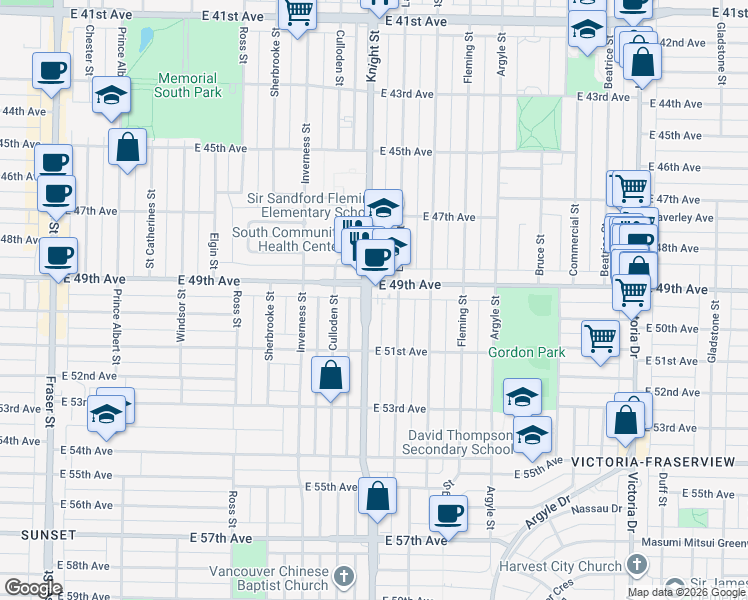 map of restaurants, bars, coffee shops, grocery stores, and more near 6532 Knight Street in Vancouver