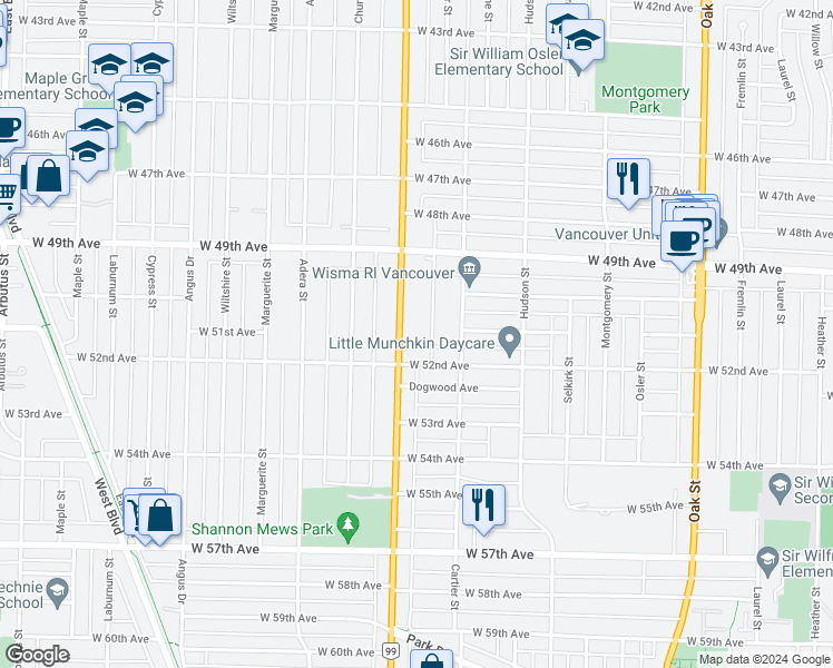 map of restaurants, bars, coffee shops, grocery stores, and more near 1483 Tilney Mews in Vancouver