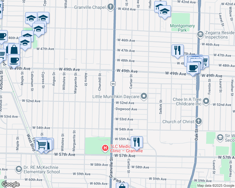map of restaurants, bars, coffee shops, grocery stores, and more near 1483 Tilney Mews in Vancouver