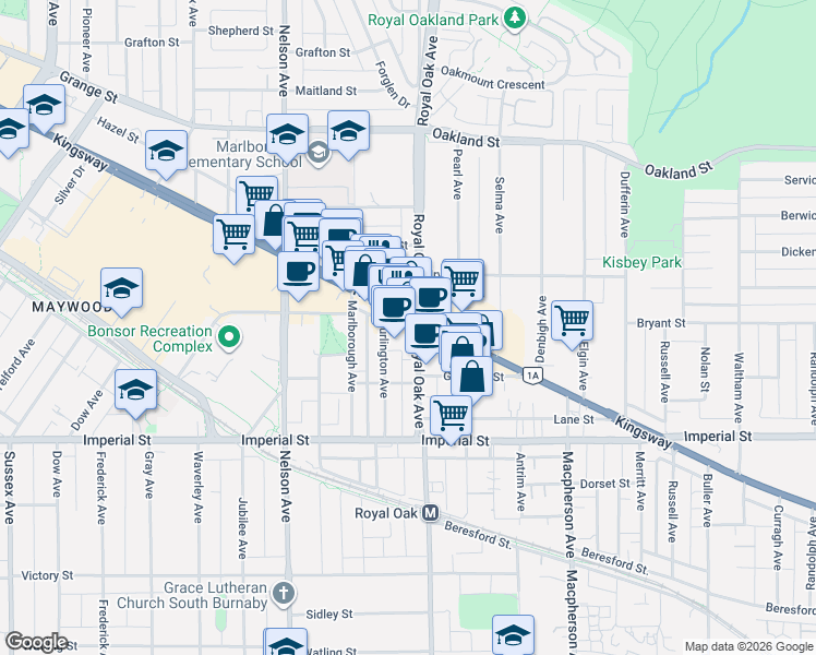 map of restaurants, bars, coffee shops, grocery stores, and more near 5172 Kingsway in Burnaby