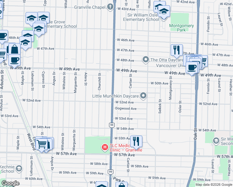 map of restaurants, bars, coffee shops, grocery stores, and more near Tilney Mews in Vancouver