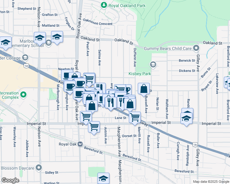 map of restaurants, bars, coffee shops, grocery stores, and more near 6528 Denbigh Avenue in Burnaby