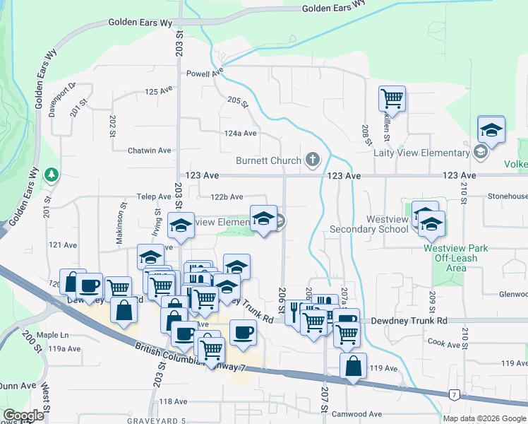 map of restaurants, bars, coffee shops, grocery stores, and more near 20558 122 Avenue in Maple Ridge
