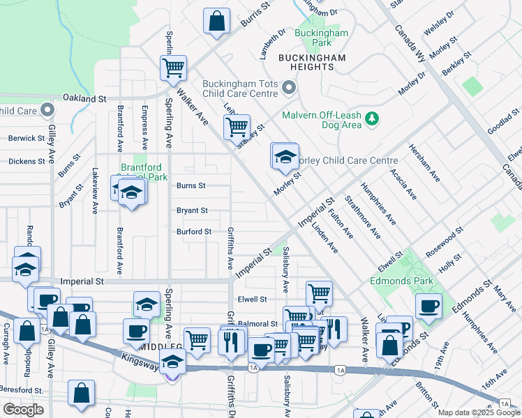 map of restaurants, bars, coffee shops, grocery stores, and more near 6465 Walker Avenue in Burnaby