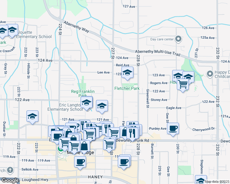 map of restaurants, bars, coffee shops, grocery stores, and more near 12244 227 Street in Maple Ridge