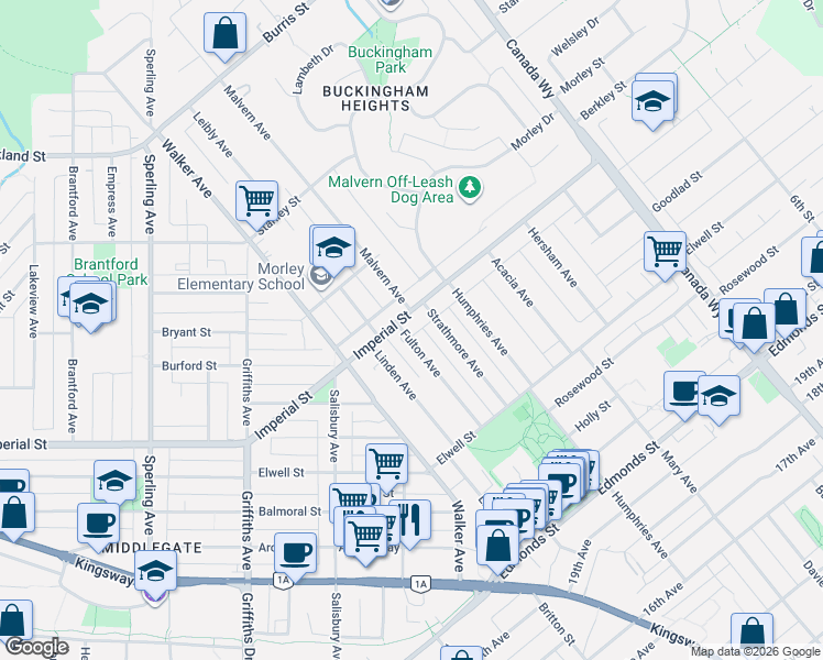 map of restaurants, bars, coffee shops, grocery stores, and more near 6626 Fulton Avenue in Burnaby