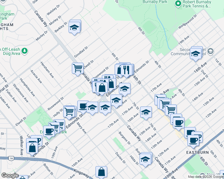 map of restaurants, bars, coffee shops, grocery stores, and more near 7763 Edmonds Street in Burnaby