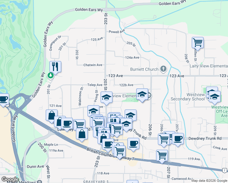 map of restaurants, bars, coffee shops, grocery stores, and more near 20409 122 Avenue in Maple Ridge