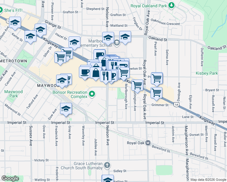 map of restaurants, bars, coffee shops, grocery stores, and more near 4988 Bennett Street in Burnaby