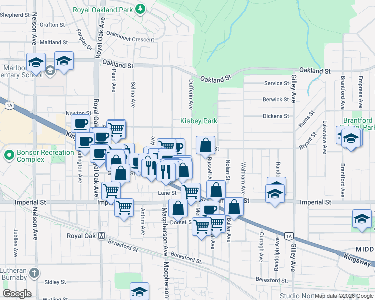 map of restaurants, bars, coffee shops, grocery stores, and more near 6438 Dufferin Avenue in Burnaby