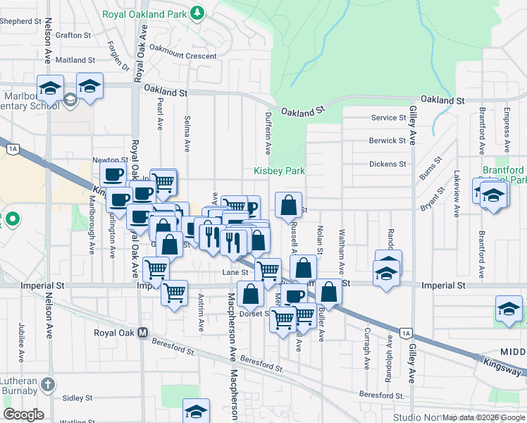 map of restaurants, bars, coffee shops, grocery stores, and more near 6438 Dufferin Avenue in Burnaby