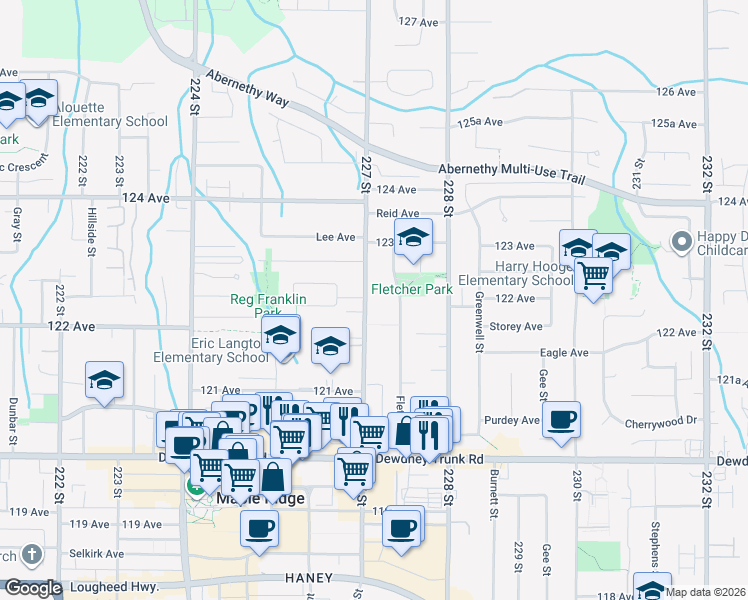 map of restaurants, bars, coffee shops, grocery stores, and more near 12272 227 Street in Maple Ridge