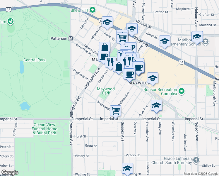 map of restaurants, bars, coffee shops, grocery stores, and more near 6463 Silver Avenue in Burnaby