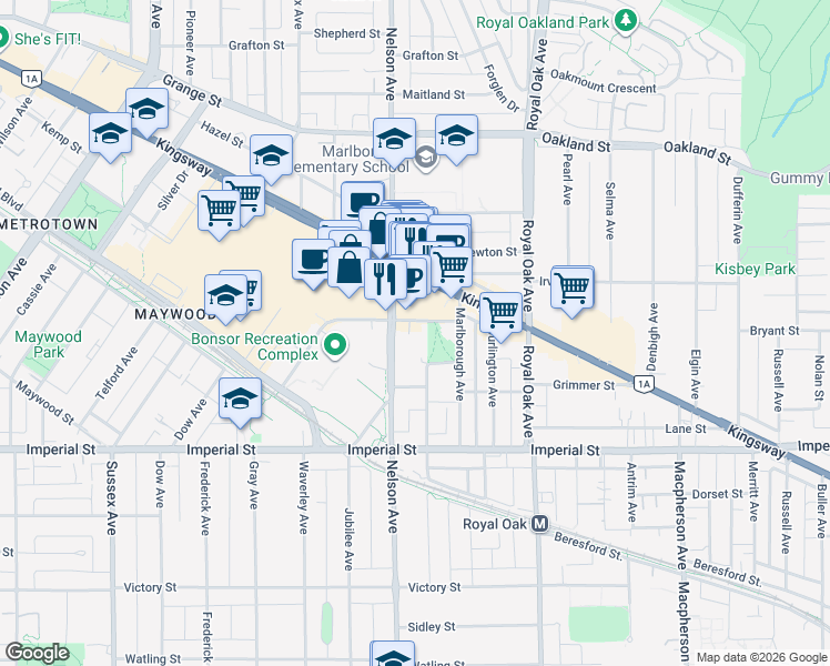 map of restaurants, bars, coffee shops, grocery stores, and more near 4988 Bennett Street in Burnaby