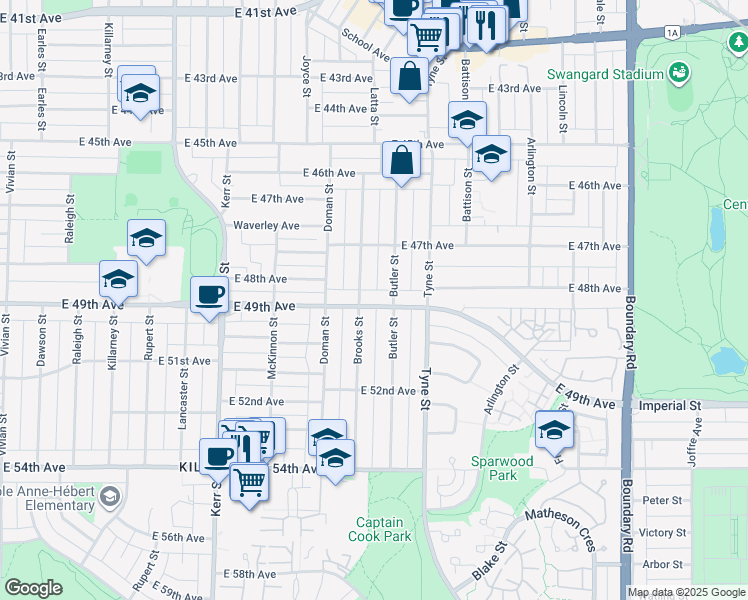 map of restaurants, bars, coffee shops, grocery stores, and more near 3325 East 49th Avenue in Vancouver