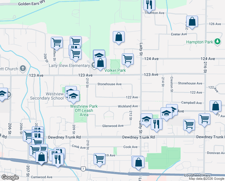 map of restaurants, bars, coffee shops, grocery stores, and more near 12229 Forest Place in Maple Ridge