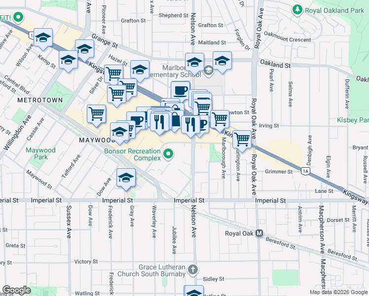 map of restaurants, bars, coffee shops, grocery stores, and more near 4880 Bennett Street in Burnaby
