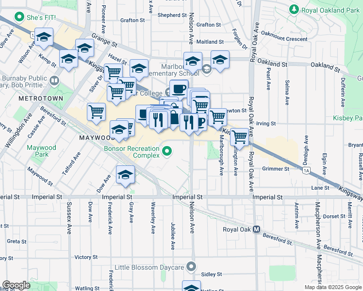 map of restaurants, bars, coffee shops, grocery stores, and more near 4880 Bennett Street in Burnaby