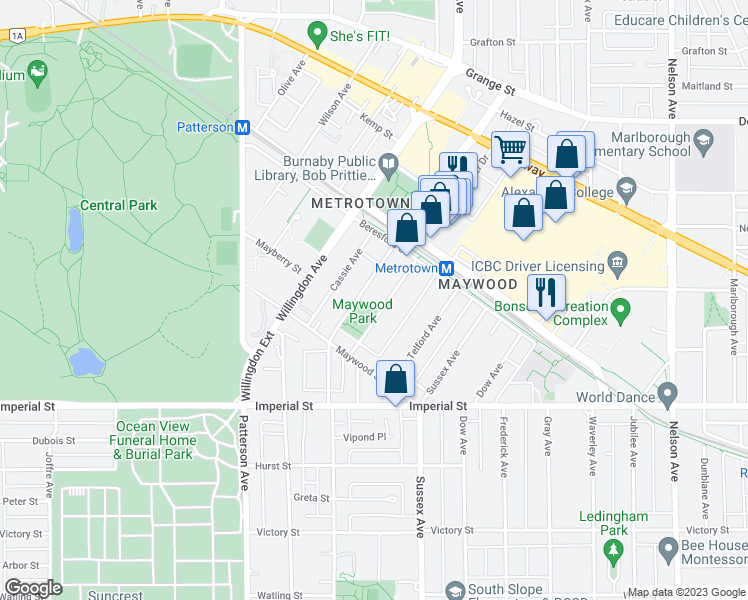 map of restaurants, bars, coffee shops, grocery stores, and more near 6397 McKay Avenue in Burnaby