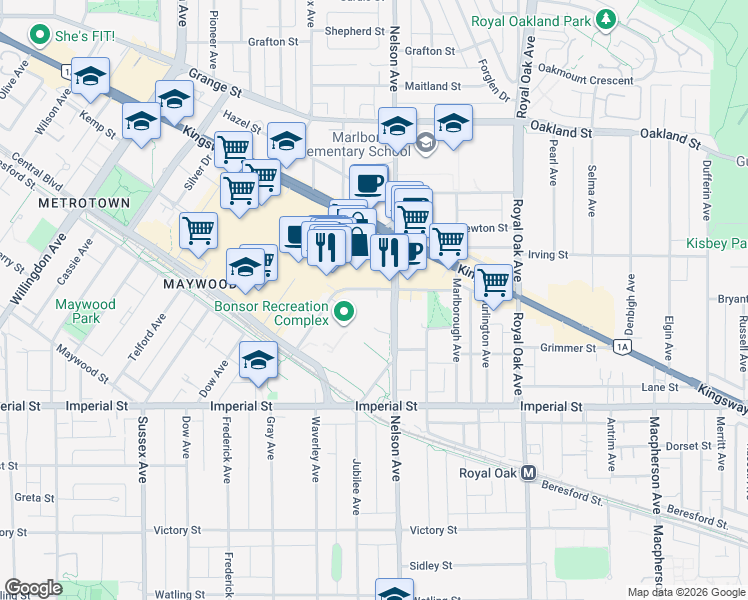 map of restaurants, bars, coffee shops, grocery stores, and more near 4880 Bennett Street in Burnaby