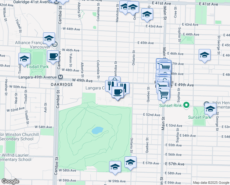 map of restaurants, bars, coffee shops, grocery stores, and more near 100 West 49th Avenue in Vancouver