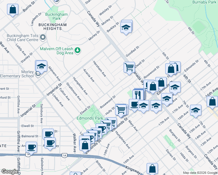 map of restaurants, bars, coffee shops, grocery stores, and more near 7541 Elwell Street in Burnaby