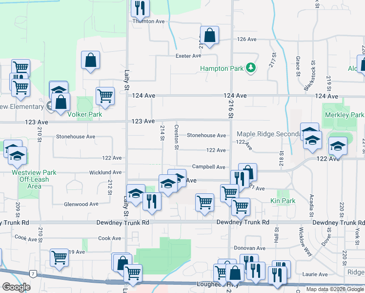 map of restaurants, bars, coffee shops, grocery stores, and more near 21458 Stonehouse Avenue in Maple Ridge