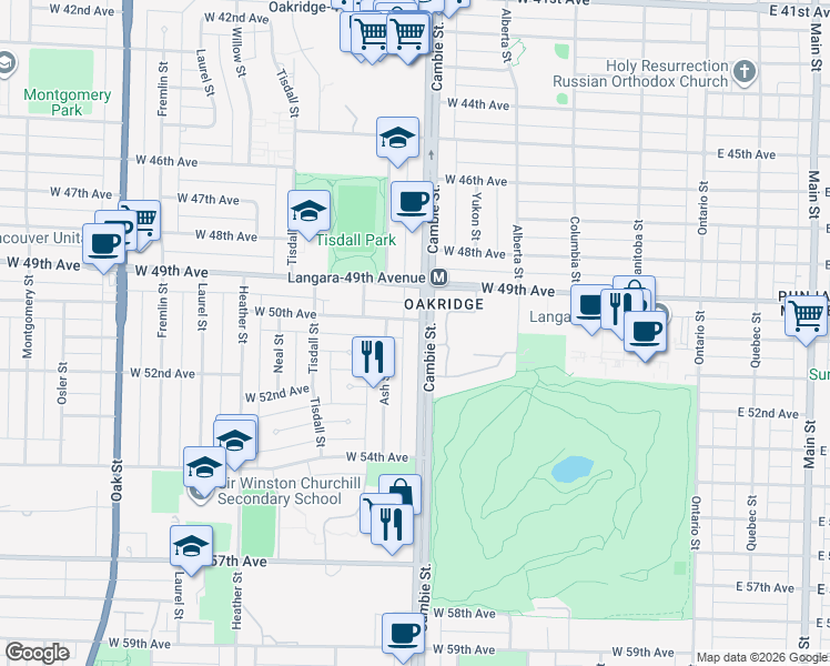 map of restaurants, bars, coffee shops, grocery stores, and more near 6633 Cambie Street in Vancouver