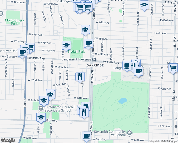 map of restaurants, bars, coffee shops, grocery stores, and more near 6633 Cambie Street in Vancouver