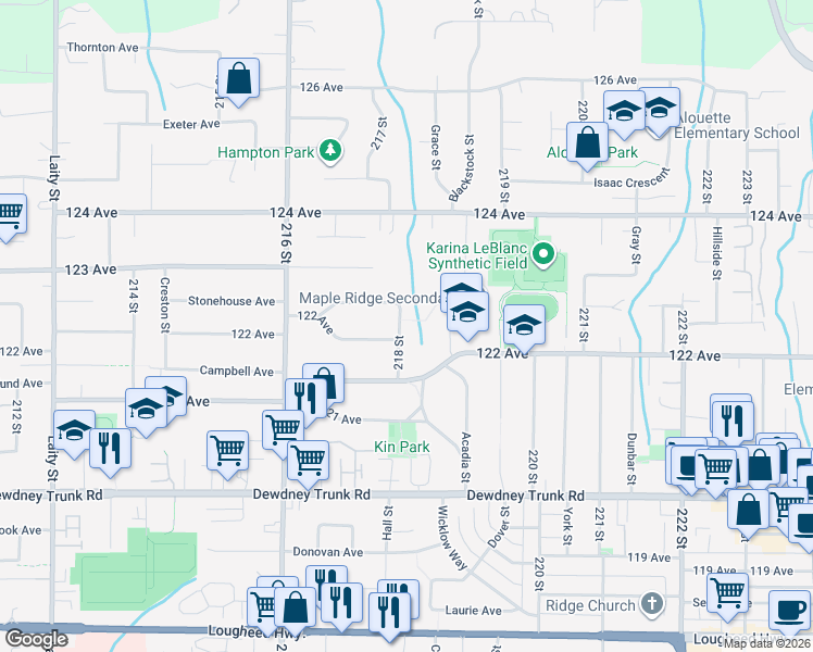 map of restaurants, bars, coffee shops, grocery stores, and more near 21775 Ridgeway Crescent in Maple Ridge