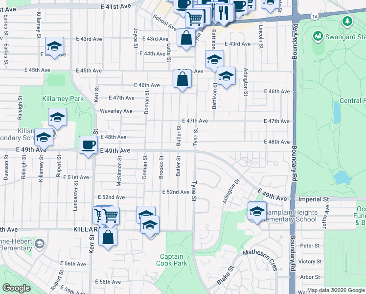 map of restaurants, bars, coffee shops, grocery stores, and more near 3361 East 49th Avenue in Vancouver