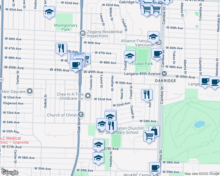map of restaurants, bars, coffee shops, grocery stores, and more near 6669 Heather Street in Vancouver
