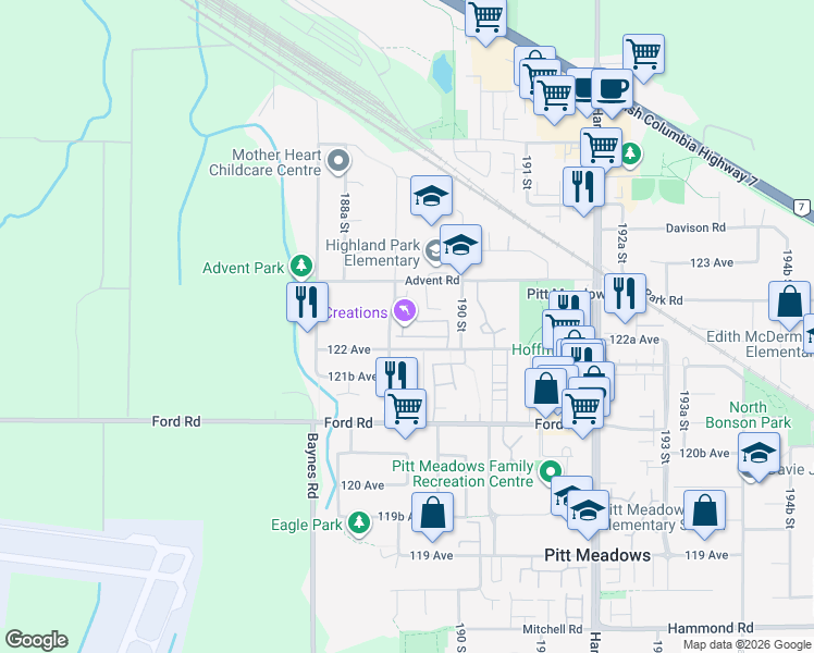 map of restaurants, bars, coffee shops, grocery stores, and more near 12268 189A Street in Pitt Meadows