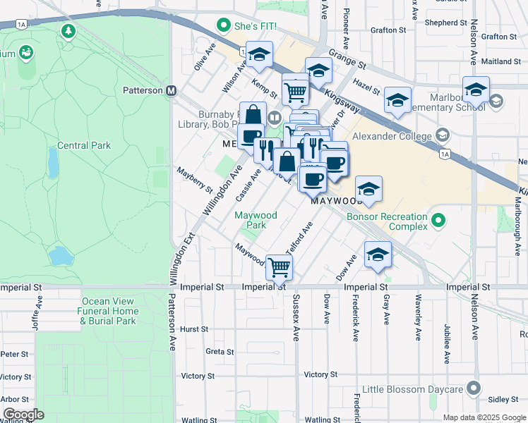 map of restaurants, bars, coffee shops, grocery stores, and more near in Burnaby