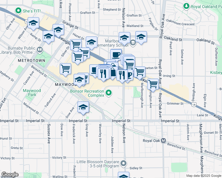 map of restaurants, bars, coffee shops, grocery stores, and more near 4830 Bennett Street in Burnaby