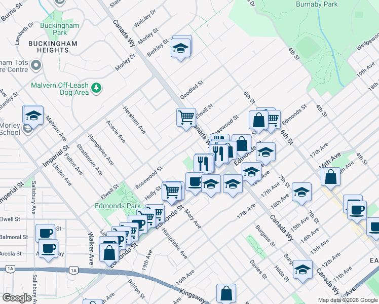map of restaurants, bars, coffee shops, grocery stores, and more near 7027 Ramsay Avenue in Burnaby