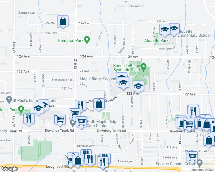 map of restaurants, bars, coffee shops, grocery stores, and more near 12250 218 Street in Maple Ridge