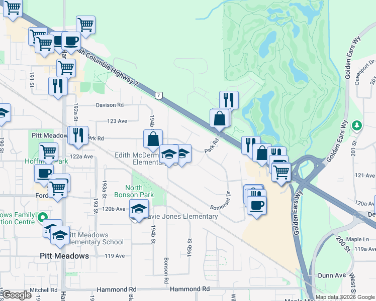 map of restaurants, bars, coffee shops, grocery stores, and more near 19566 Park Road in Pitt Meadows