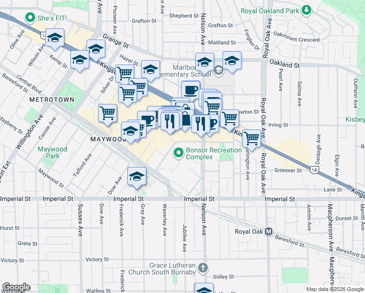 map of restaurants, bars, coffee shops, grocery stores, and more near 4830 Bennett Street in Burnaby