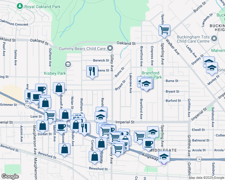 map of restaurants, bars, coffee shops, grocery stores, and more near Gilley Avenue & Bryant Street in Burnaby