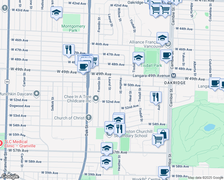 map of restaurants, bars, coffee shops, grocery stores, and more near 6670 Laurel Street in Vancouver