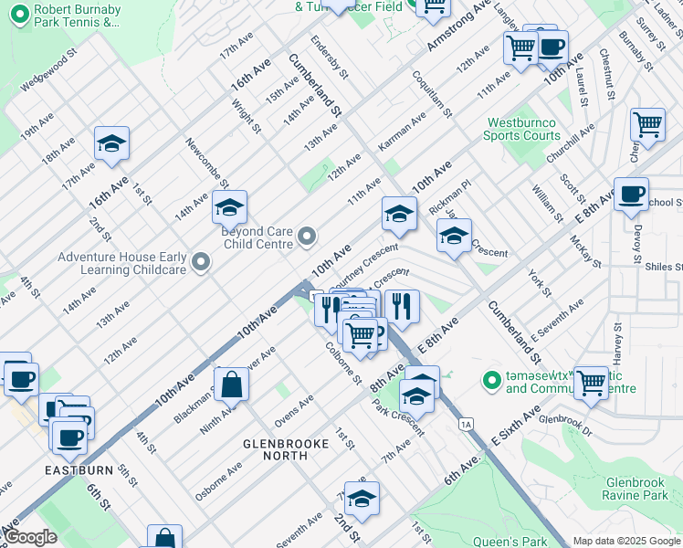 map of restaurants, bars, coffee shops, grocery stores, and more near 35 Courtney Crescent in New Westminster