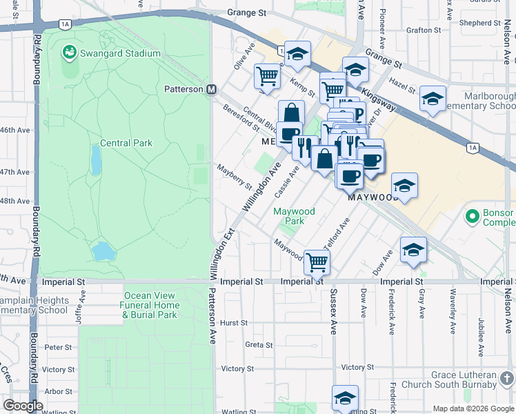 map of restaurants, bars, coffee shops, grocery stores, and more near 6444 Willingdon Avenue in Burnaby