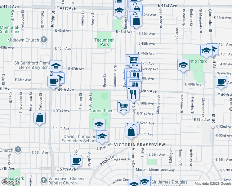 map of restaurants, bars, coffee shops, grocery stores, and more near 1838 East 49th Avenue in Vancouver