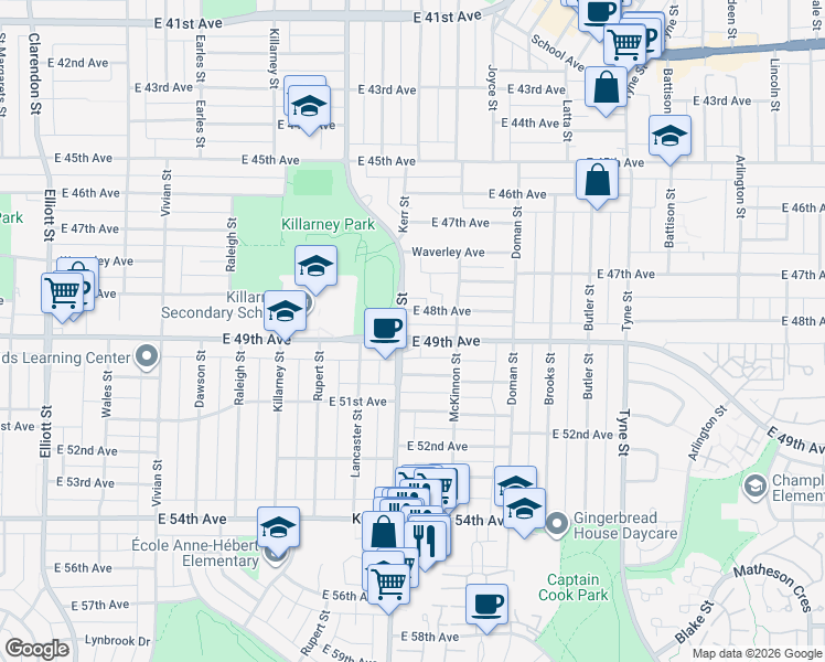 map of restaurants, bars, coffee shops, grocery stores, and more near 3115 East 49th Avenue in Vancouver
